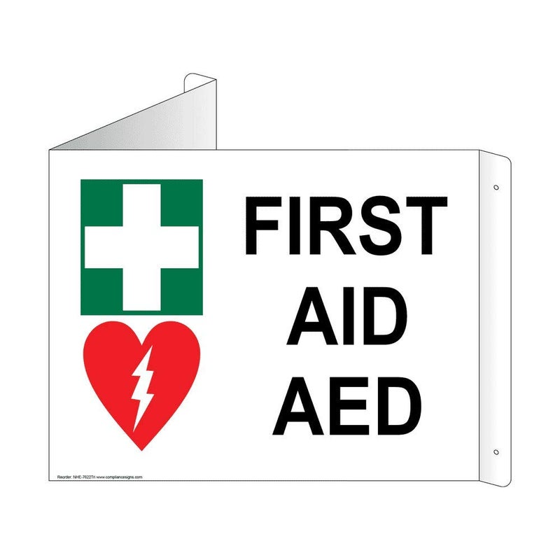 ComplianceSigns.com First Aid AED Reflective Wall Sign, Triangle Projection-Mount, 13x10 inch Aluminum for Emergency Response, American Made Safety Signs for the Workplace - Image 1